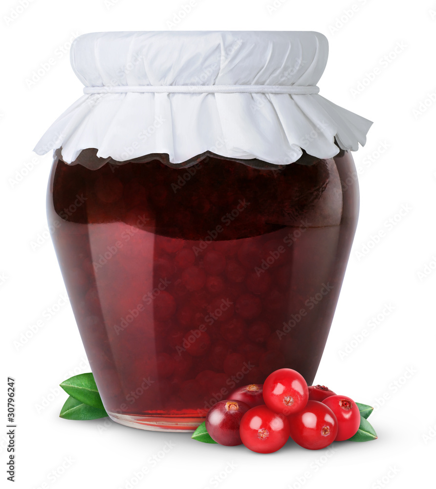 Isolated jam. Closed glass jar of cranberry jam and fresh berries isolated on white background