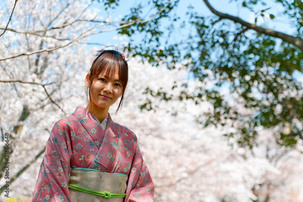 日本和服女人和樱花