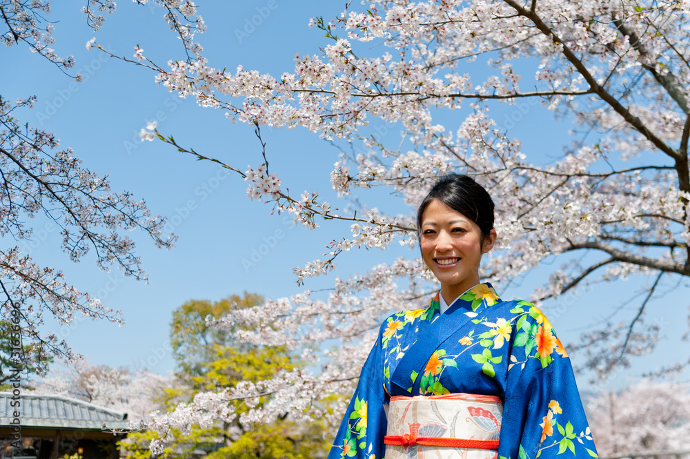 日本和服女人和樱花