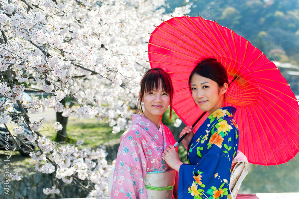 日本和服女人和传统的红色雨伞