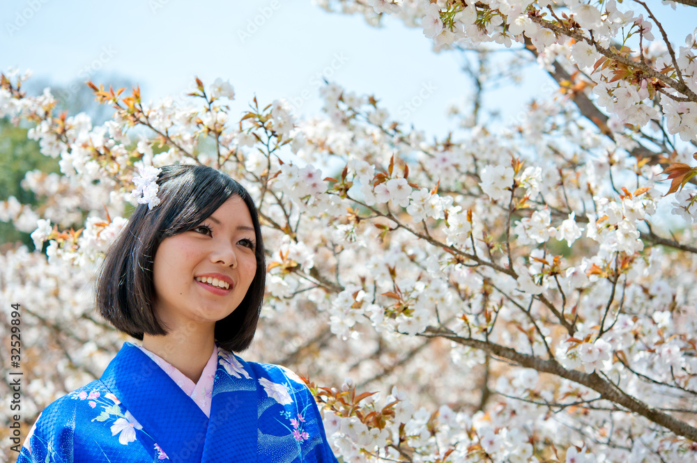 日本和服女人和樱花