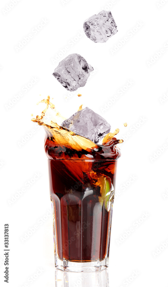 Glass of cola splashing, isolated on white background