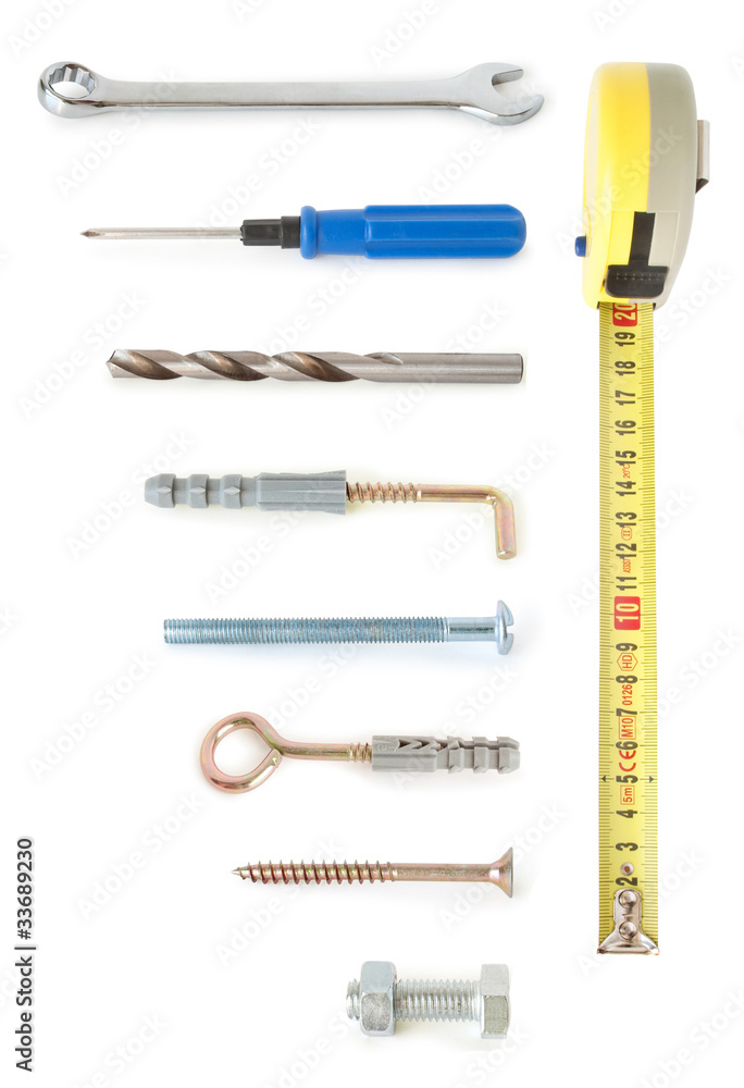 隔离在白底上的工作工具集合