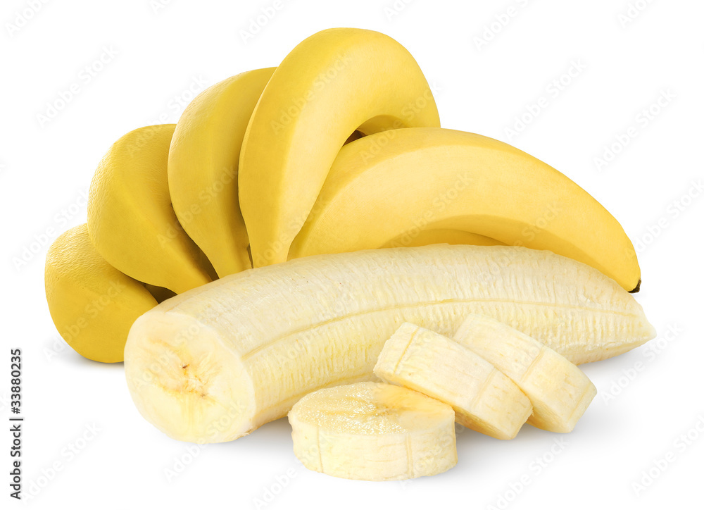 Isolated bunch of banana fruits. Peeled cut bananas isolated on white background