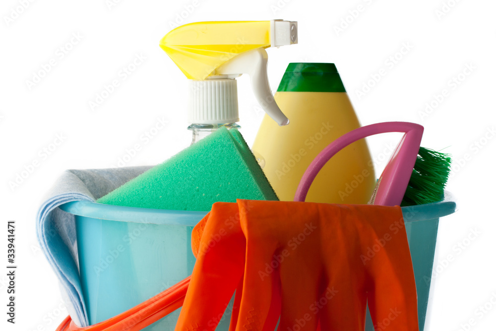 Plastic bucket with cleaning supplies