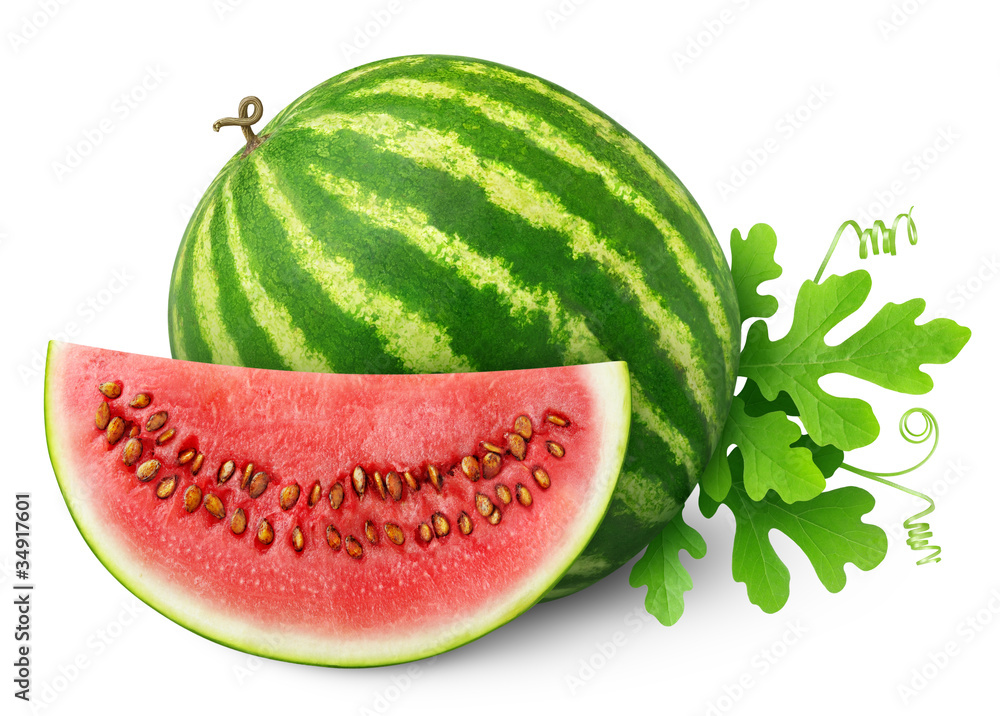 isolated watermelon. One whole watermelon writ and a slice isolated on white background