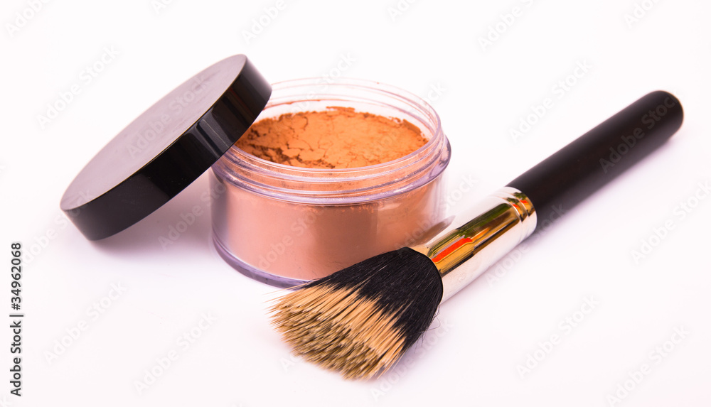 Face powder with brush, isolated on white background