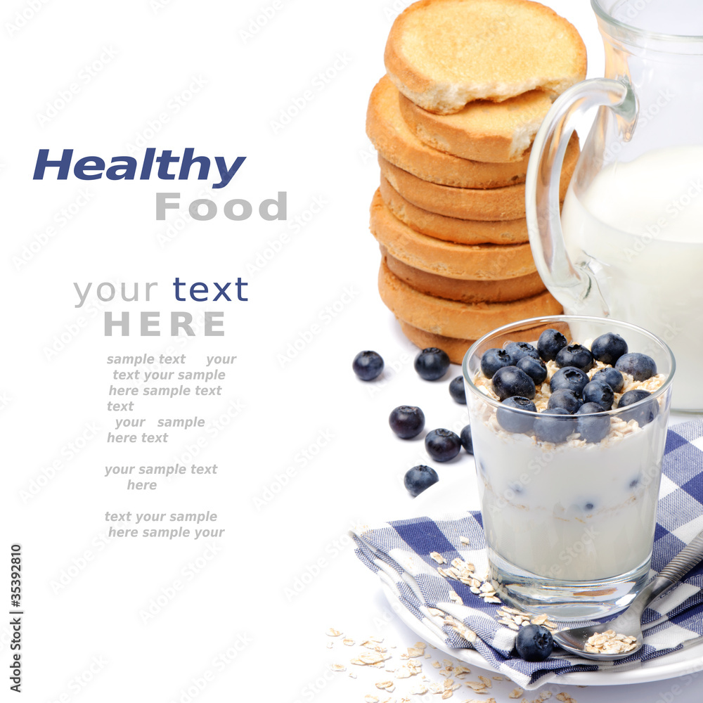 Healthy breakfast with yogurt, milk and blueberry