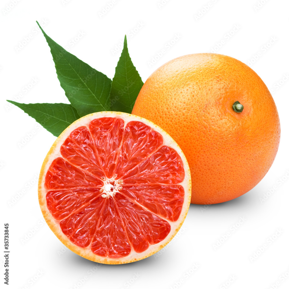 Grapefruit with slice detail on white background + Clipping Path