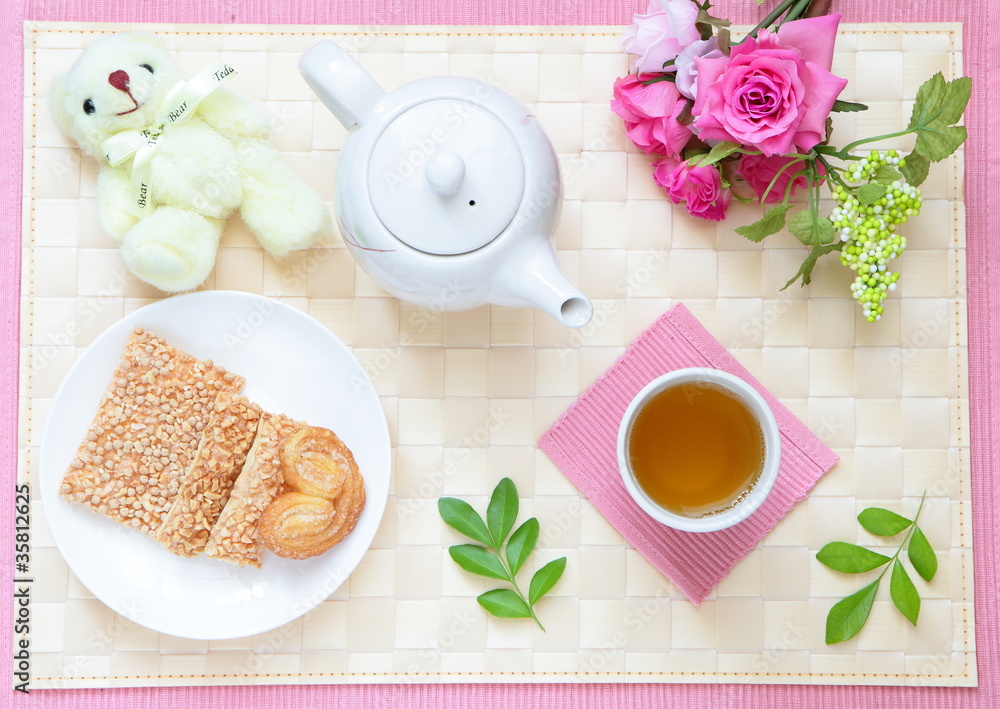 tea time with cookie, cute bear and beautiful flowers