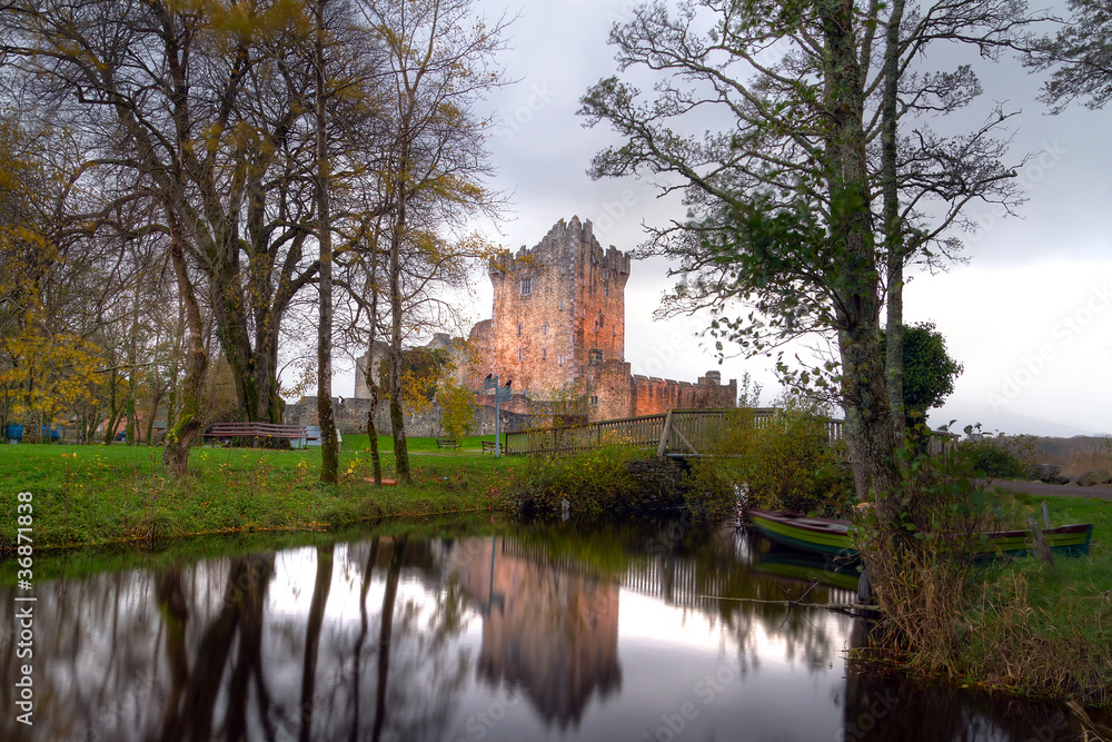 Ross Castle reflected at the river at Killarney,  Ireland