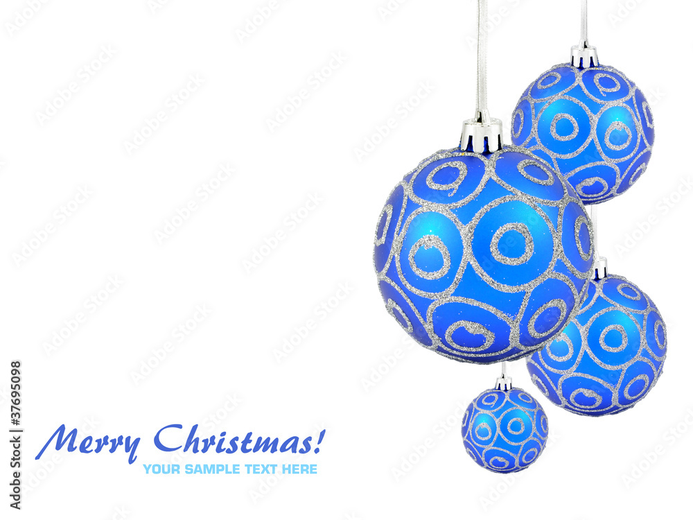 Christmas balls hanging with ribbons on white background