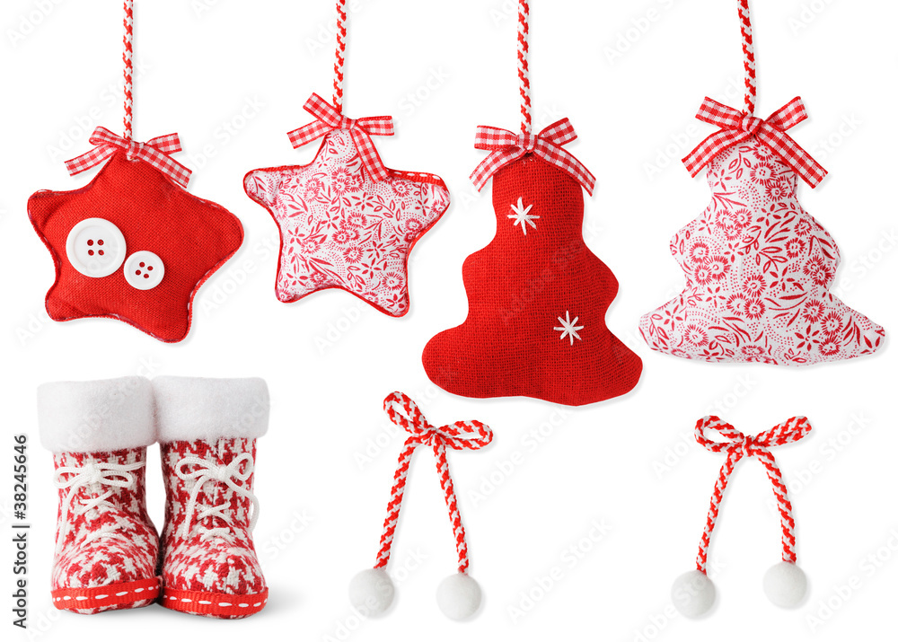 Isolated decorations. Handmade red textile Christmas toys isolated on white background