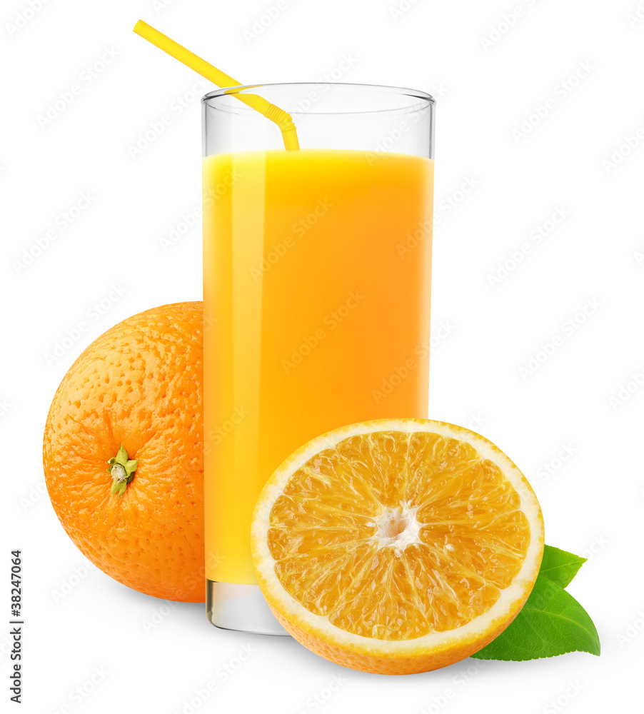 Isolated drink. Glass of orange juice and slices of orange fruit isolated on white background