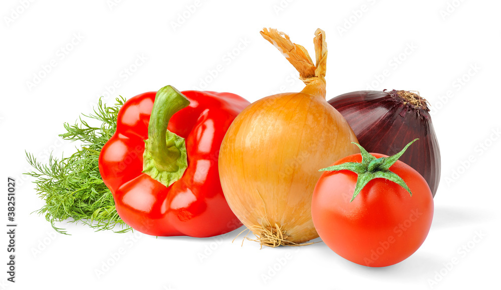 Isolated fresh vegetables. Tomato, bell pepper, onions and dill on white background