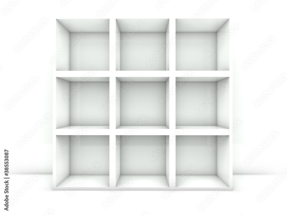 3d empty bookshelf isolated white