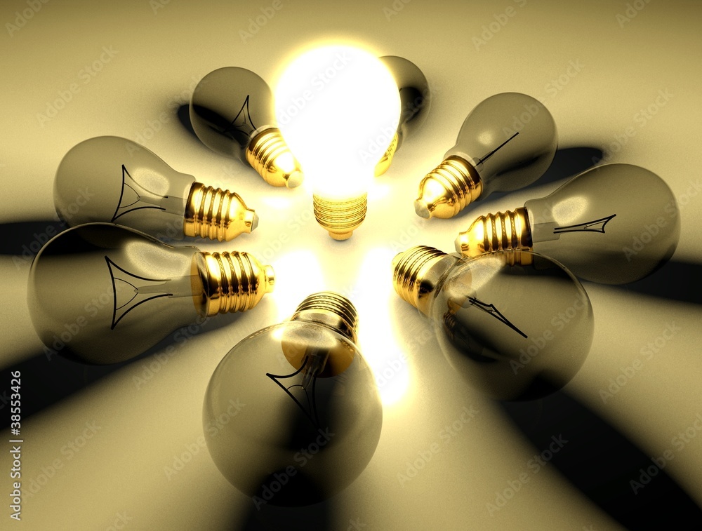 One glowing light bulb and other light bulbs, concept of idea