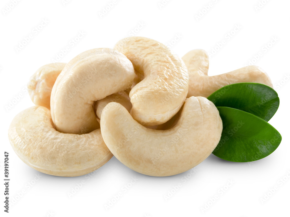 Cashew nuts isolated on white background. + Clipping Path