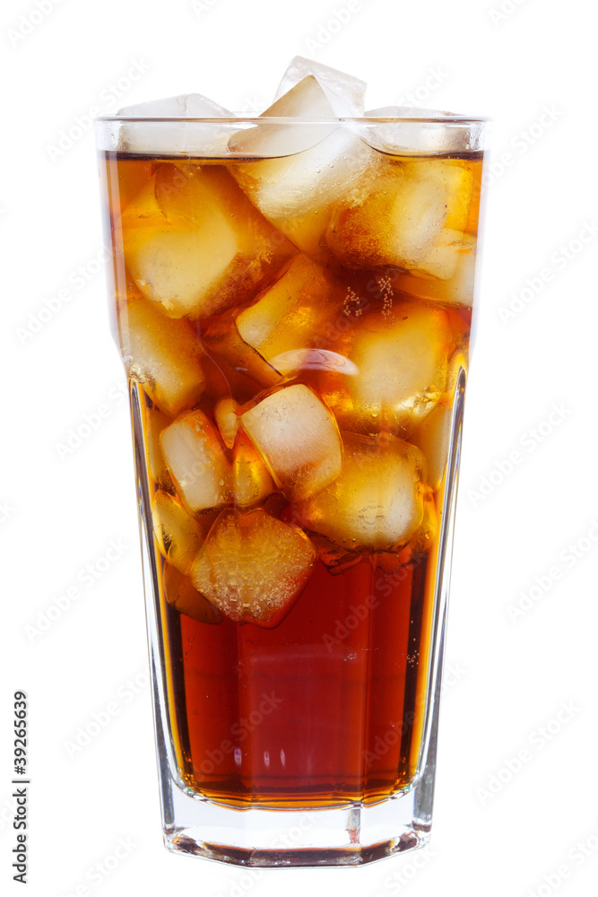 Cola with ice cubes isolated on white