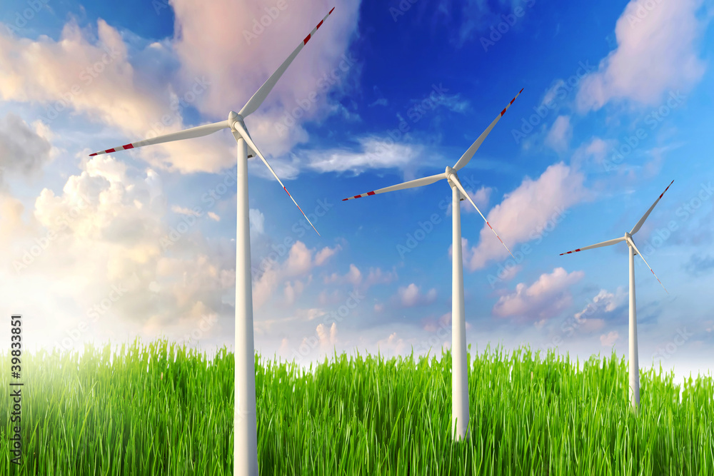 Wind turbines farm on green field