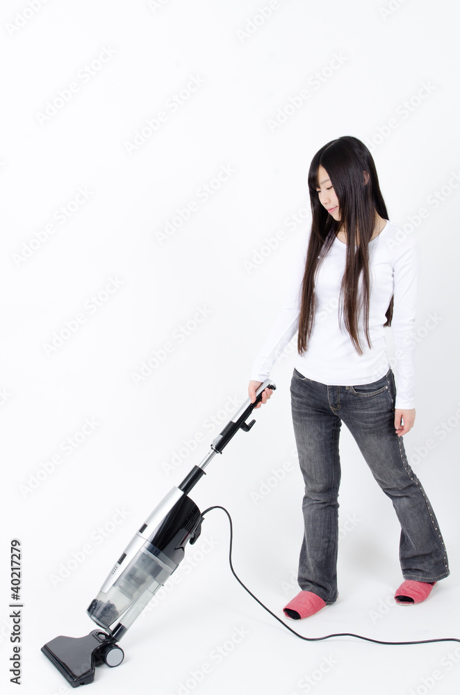 attractive asian woman cleaning