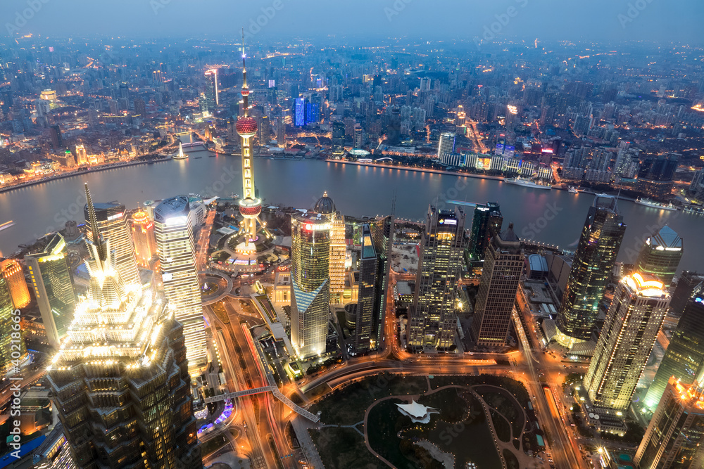 aerial view of shanghai at dusk