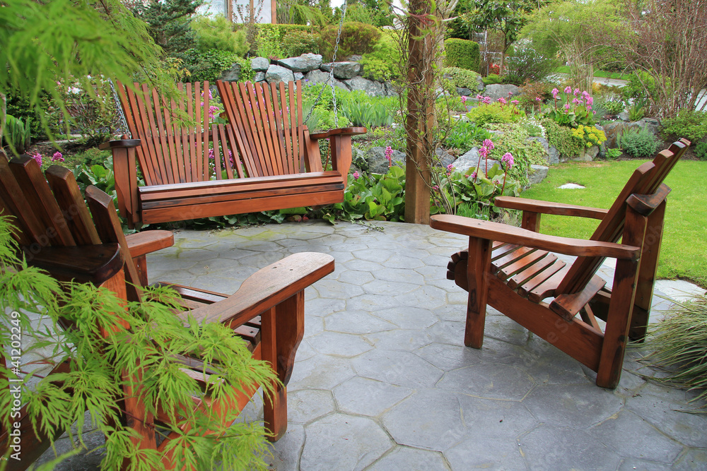 Patio furniture in the garden.