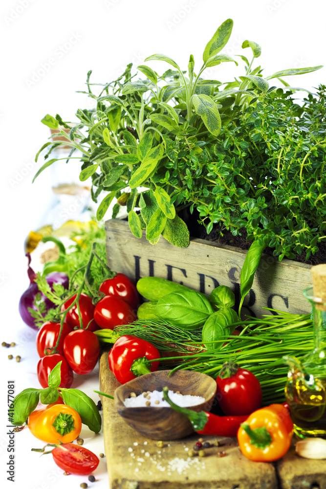 herbs in the box and fresh vegetables