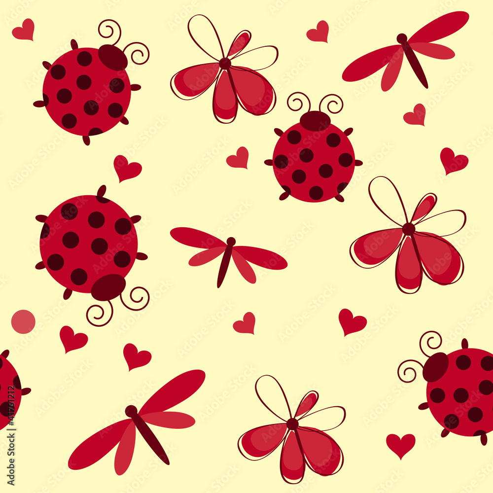 Romantic seamless pattern with dragonflies, ladybugs, hearts and