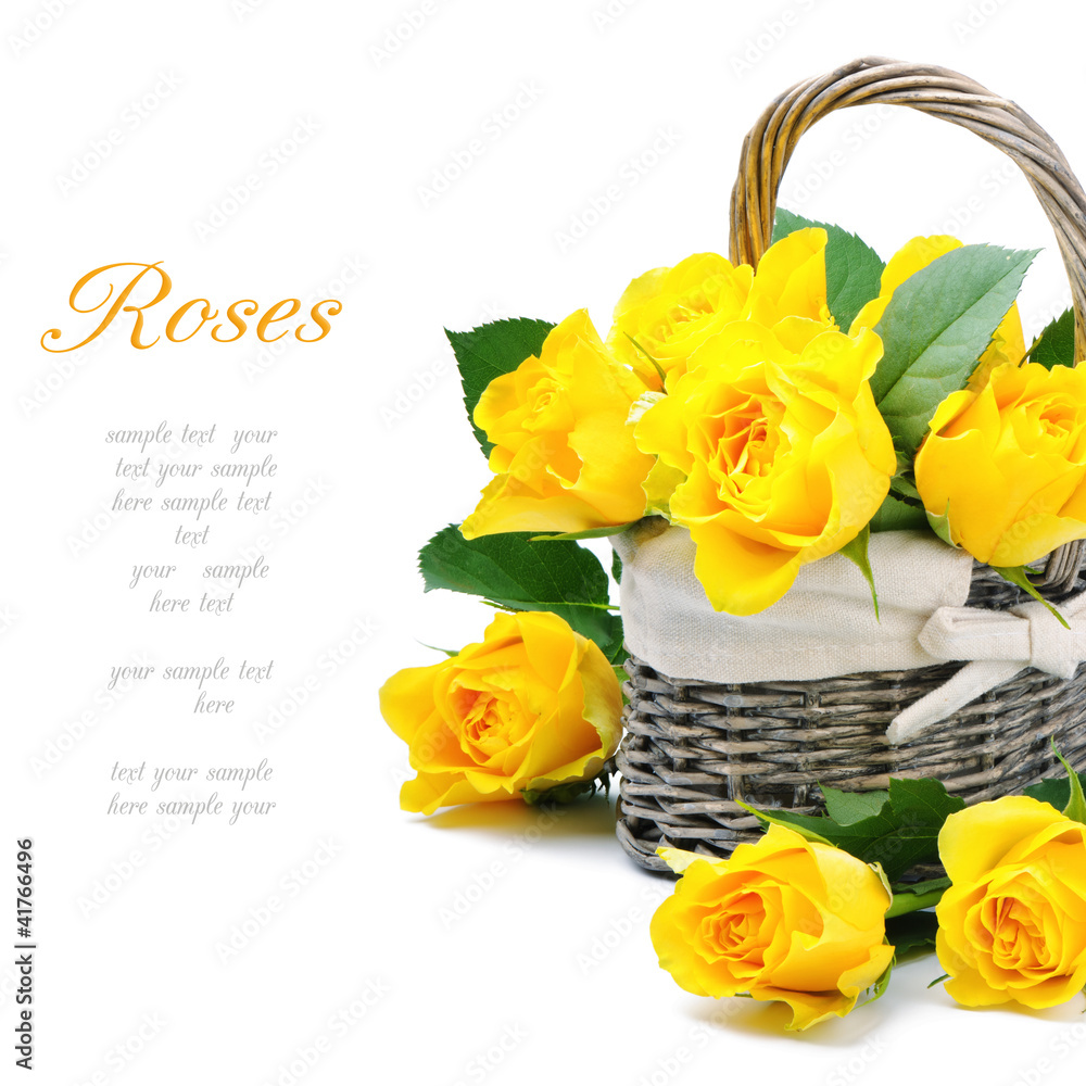 Freshly cut yellow roses in a rustic basket