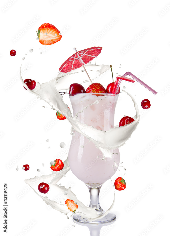 Cocktail drink with milk splash around on white background