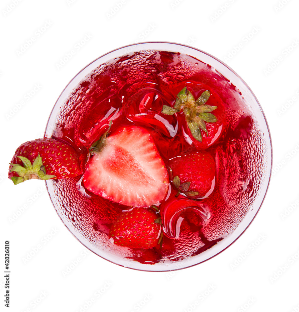 Strawberry cocktail from top view, isolated on white background