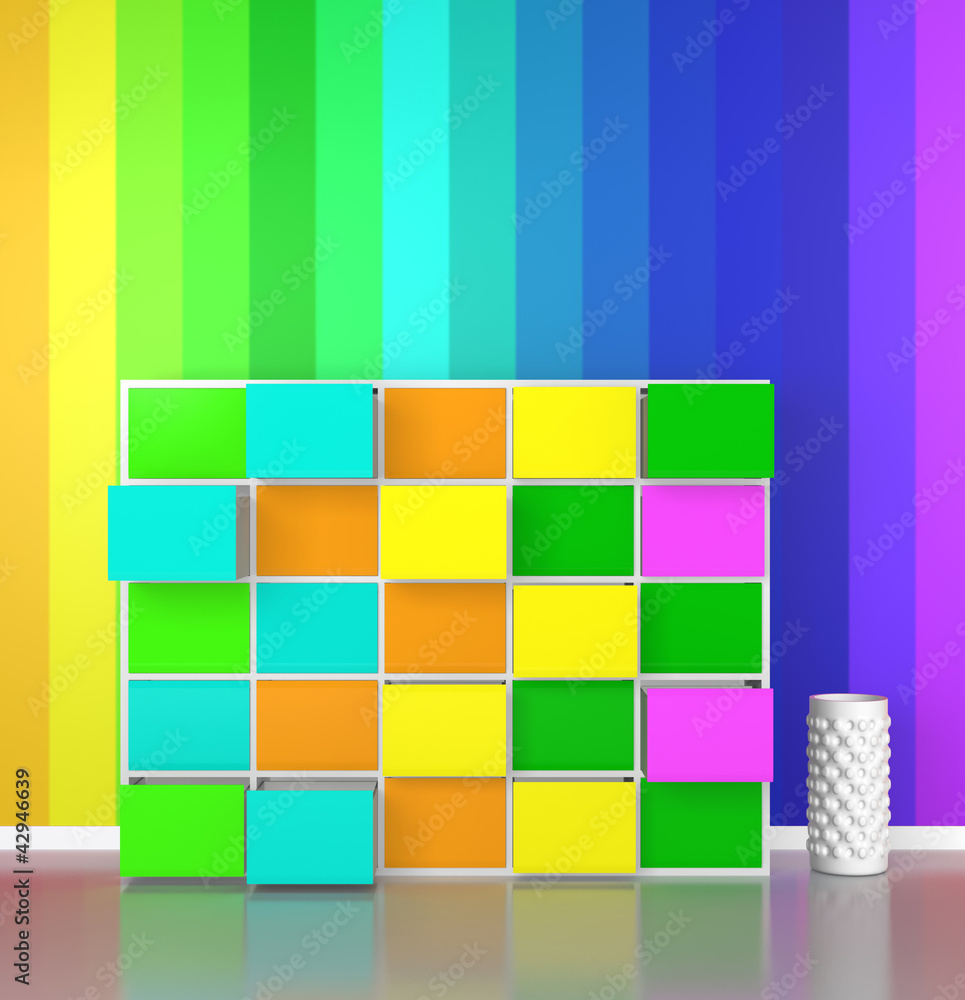 colorful cabinet　with rainbow colors wall