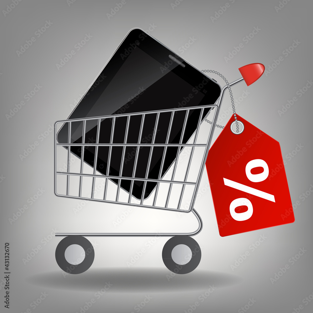 Vector illustration of  supermarket shopping cart with tablet ic