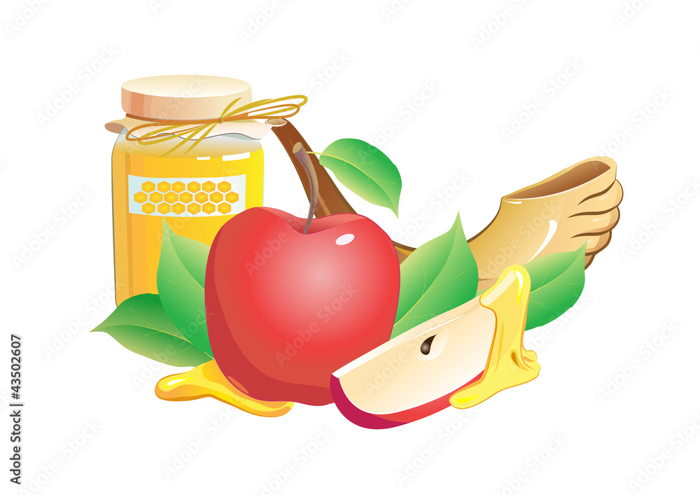 rosh hashana traditional still life. apple, honey and shofar