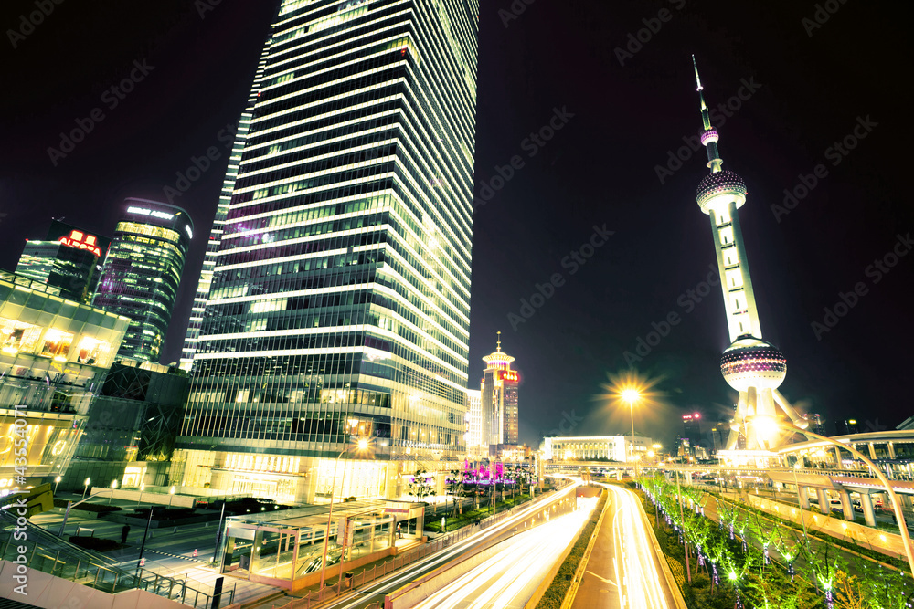 the light trails on the modern building background