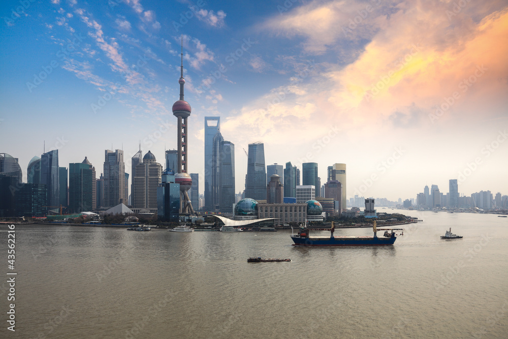 shanghai skyline with sunset glow