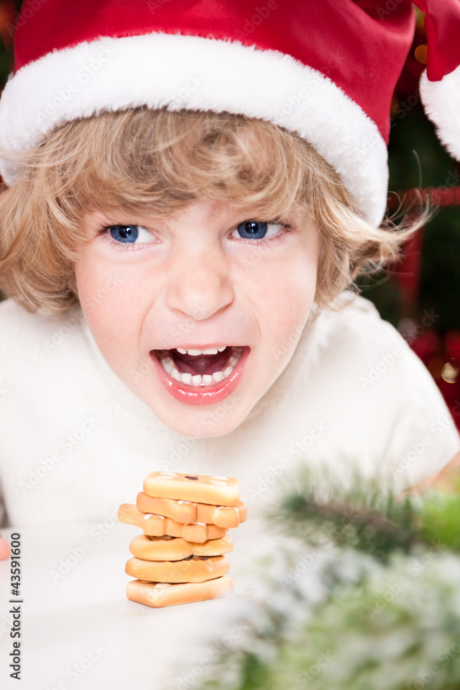 Funny child in Santa`s hat