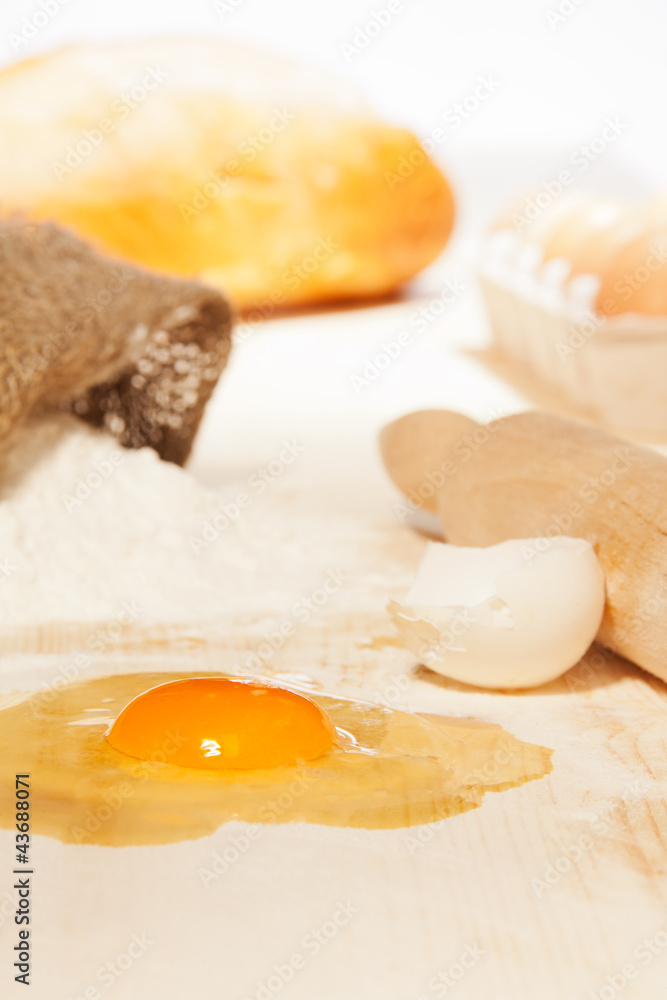 flour, egg on kitchen table