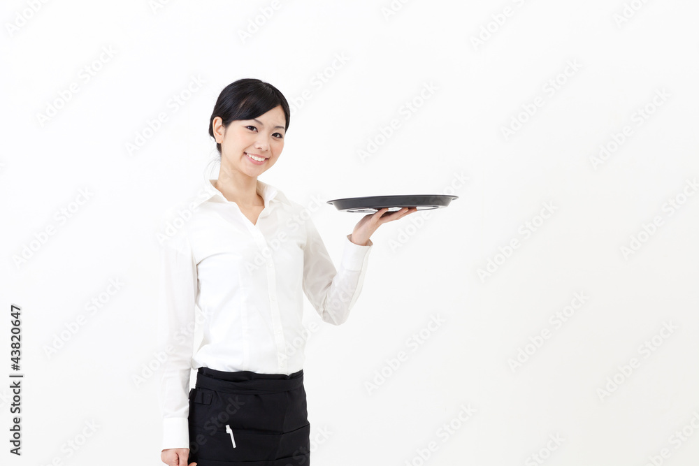 a portrait of asian waitress on white background