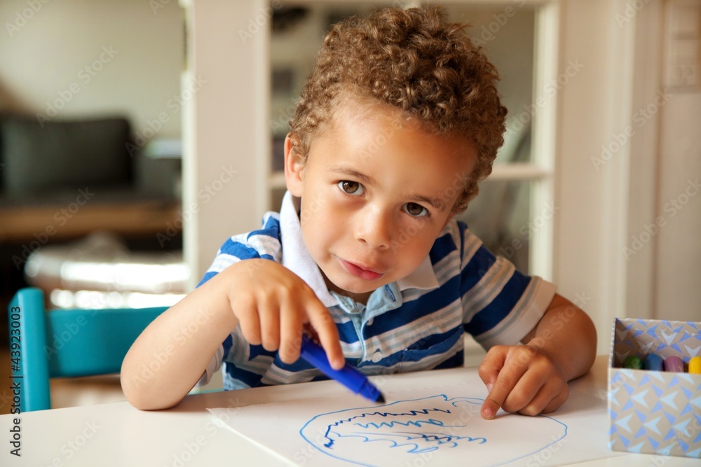 Charming Little Boy Busy Coloring at His Desk