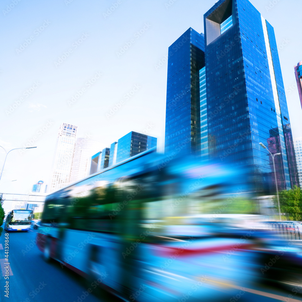 moving car with blur light through city