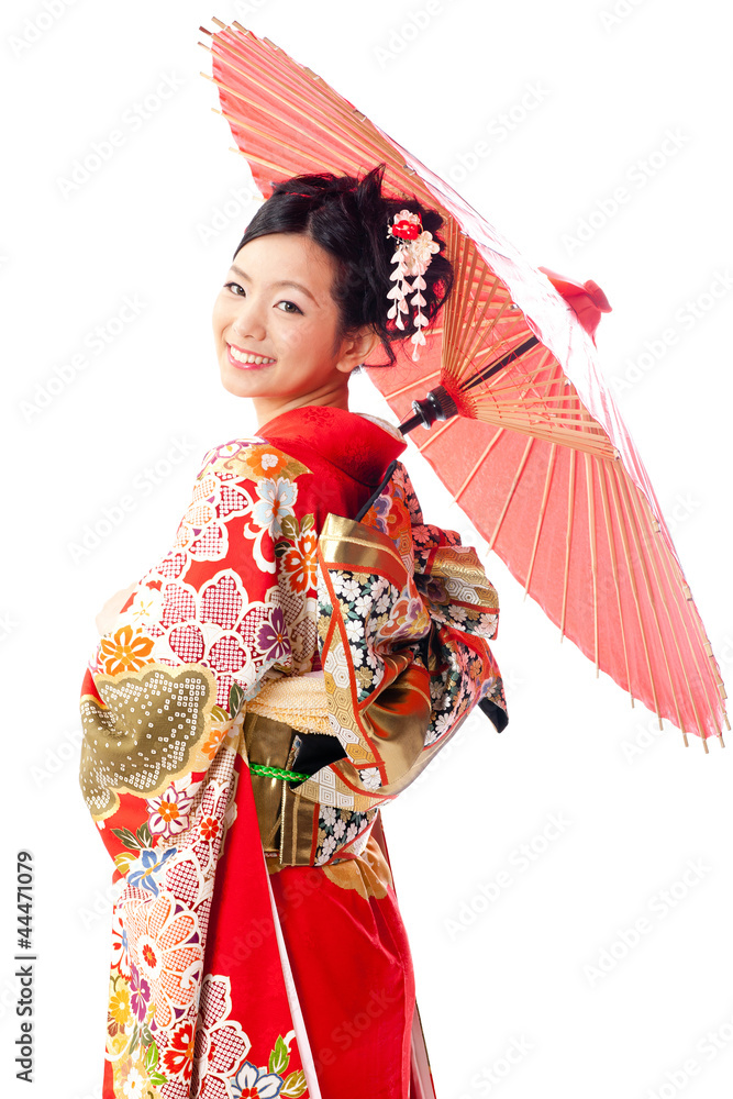 带红色雨伞的日本和服女人