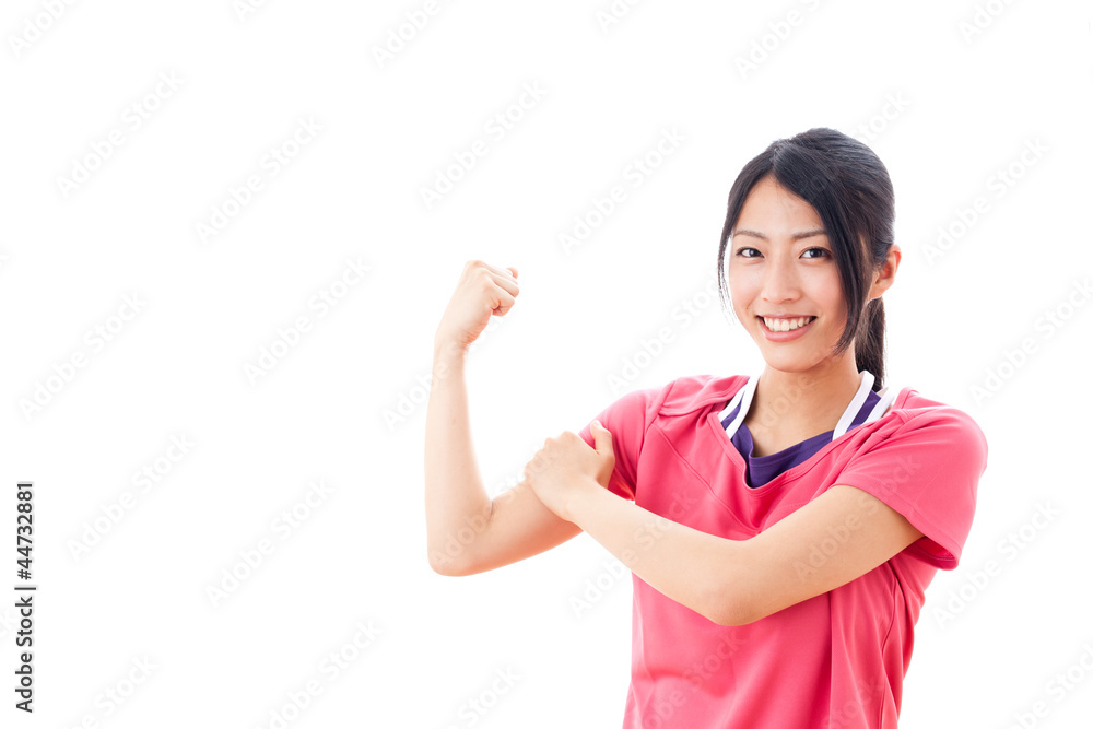 a beautiful asian woman showing muscle on white background