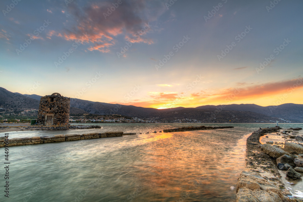 Old windmill ruin at Mirabello Bay on Crete, Greece