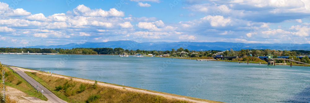 Panorama of the Rhine river and the Black Forest mountains