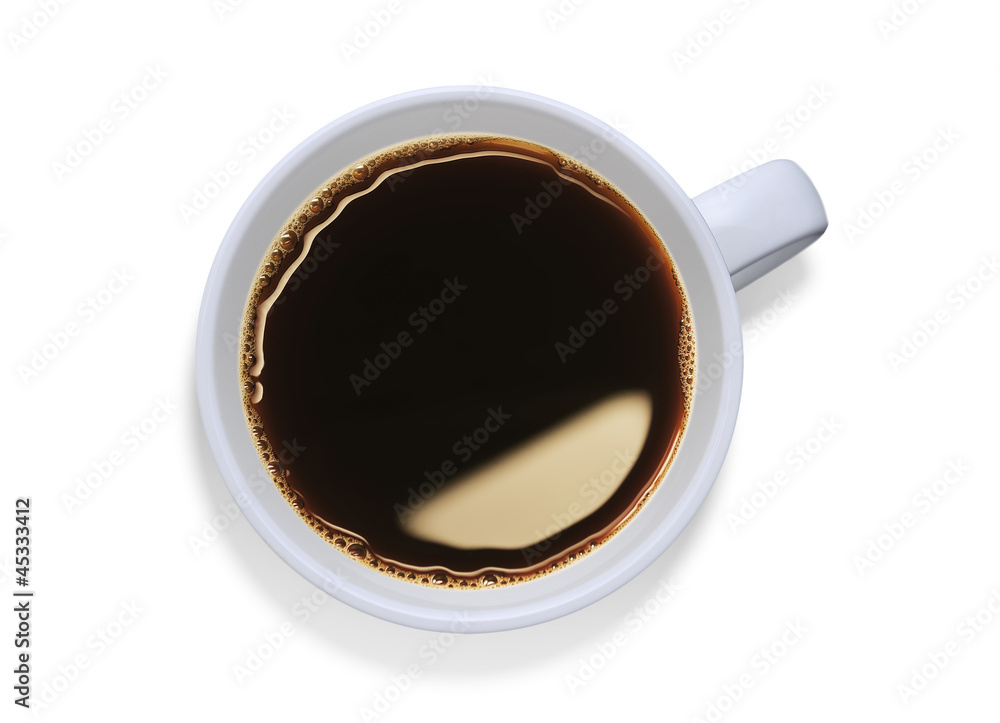 Top view of a cup of coffee, isolate on white