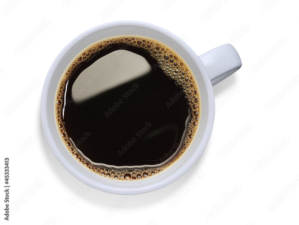 Top view of a cup of coffee, isolate on white