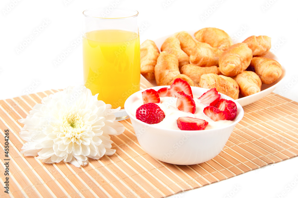 Breakfast with berries,orange juice and croissant