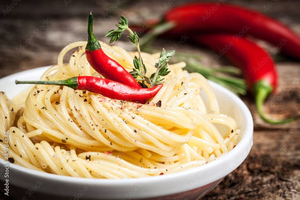 spaghetti with chilli. Organic food.